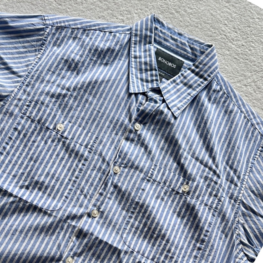 Bonobos Mens L Blue White Striped Short Sleeve Button Down Shirt Slim Fit Office